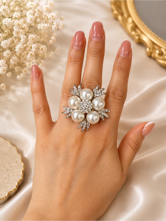 Anthropologie Jewelry - Pearl & Rhinestone Floral Statement Cocktail Ring